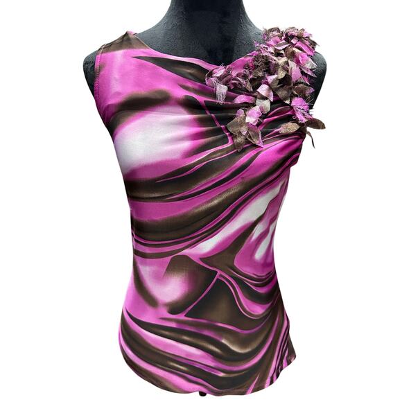 Milano Sleeveless Top Pink Brown Swirl Ruffle Fitted Small work office party - Picture 1 of 8